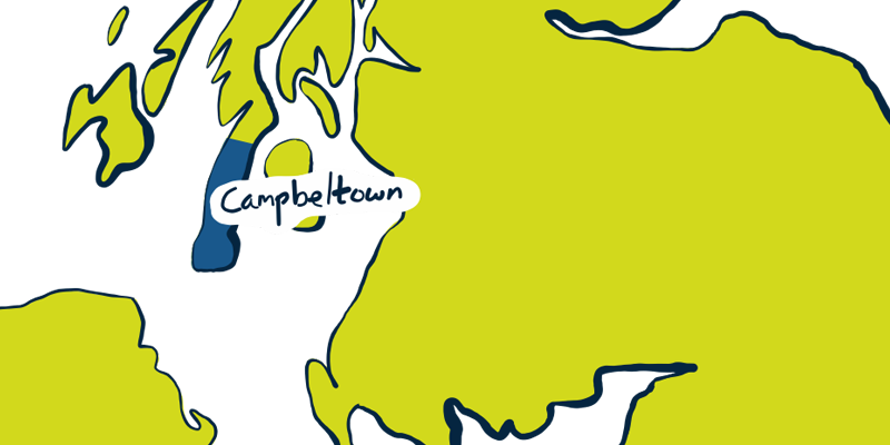 Map showing the position of the Campbeltown region, which is a peninsula on the western side hanging south toward Ireland