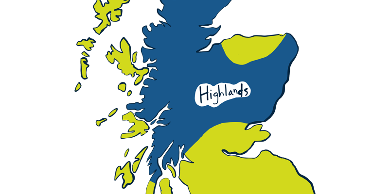 Map showing the position of the Highlands region, encompassing the northern part of the mainland above Edinburgh